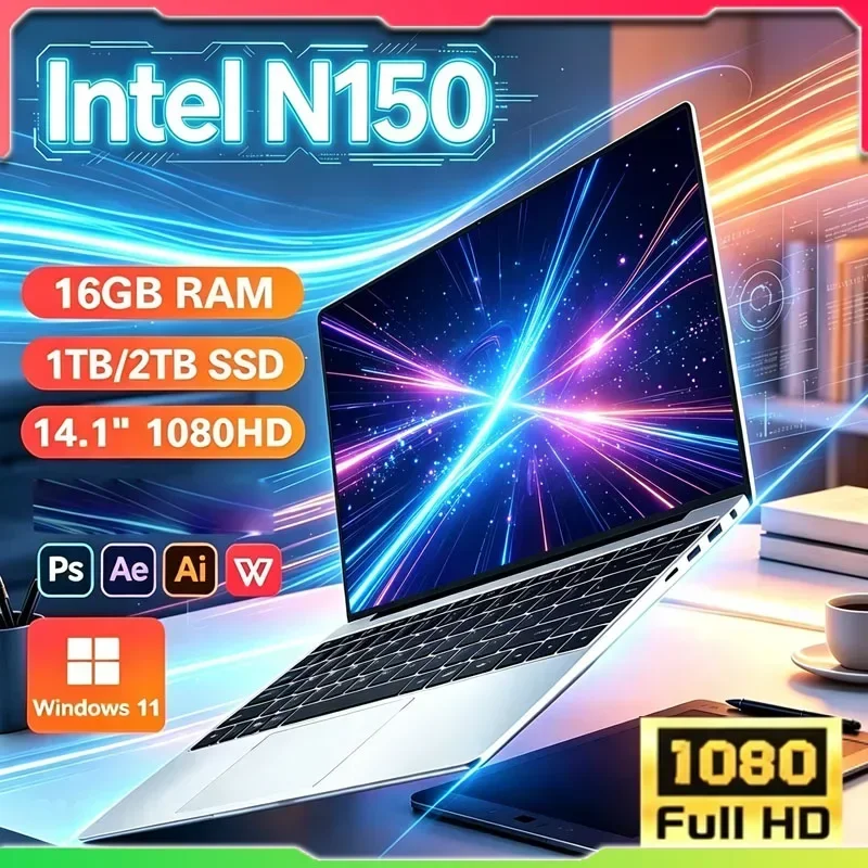 New 14.1' Laptop Intel Core N150 16GB 32GB 2TB Gaming PC Ultra Slim Office Study Computer PC Windows 11 1920*1080 HD