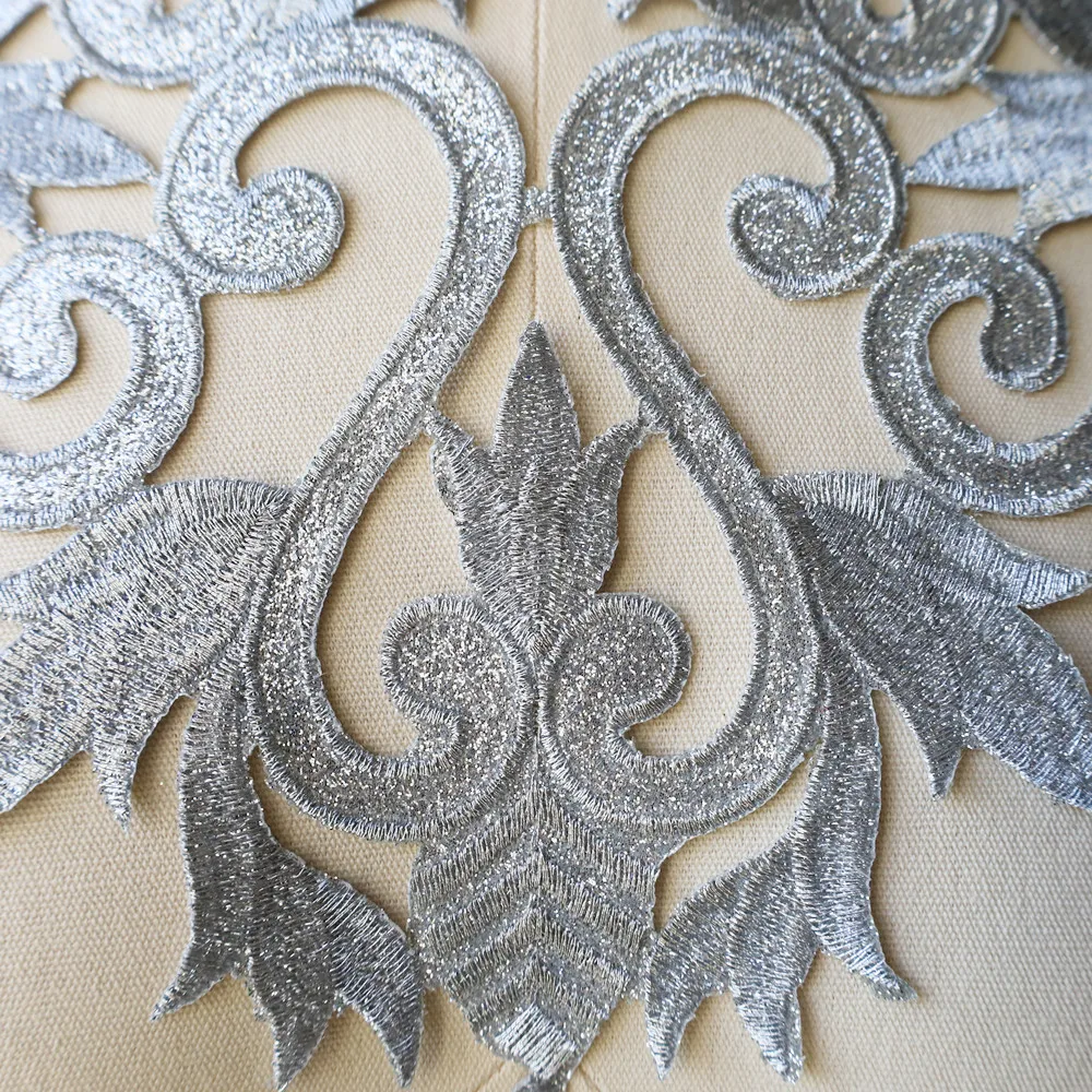Silver Embroidery Sequin Baroque Flower Applique Fabric Collar Sew Iron Patch Wedding Bridal Gown Dress DIY Clothes Decor Crafts