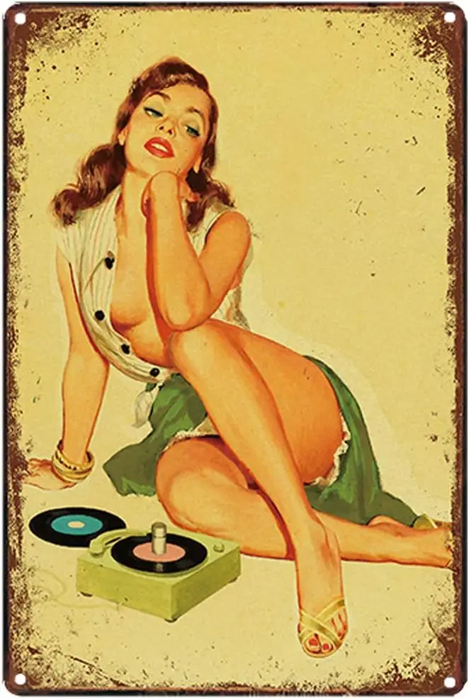 Free Pintree Original Retro Design Retro Records and Girls Tin Metal Signs Wall Art | Thick Tinplate Print Poster Wall Deco sign