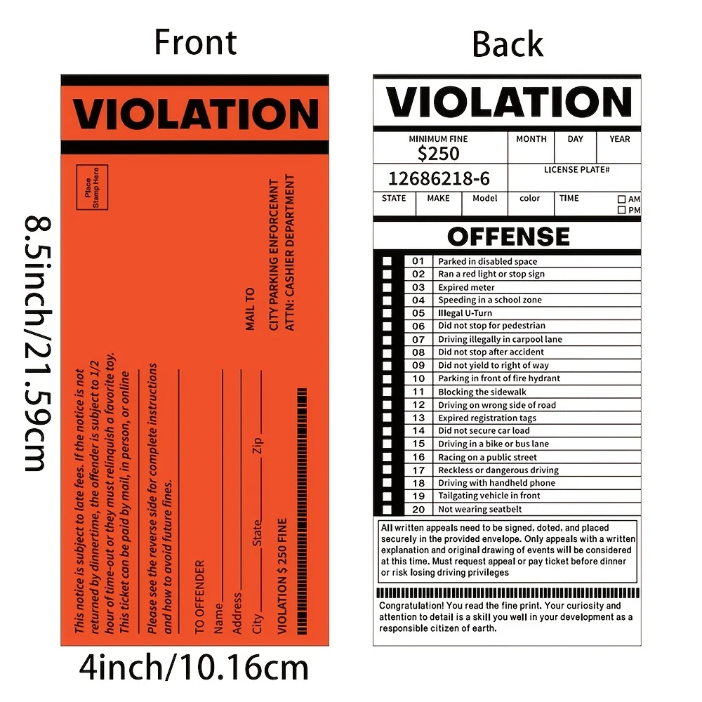 Fake Parking Tickets Prank - Qty 20, Joke Violation Parking, Funny Gag Pretend Police Traffic and Safety Car Citations, Friendly