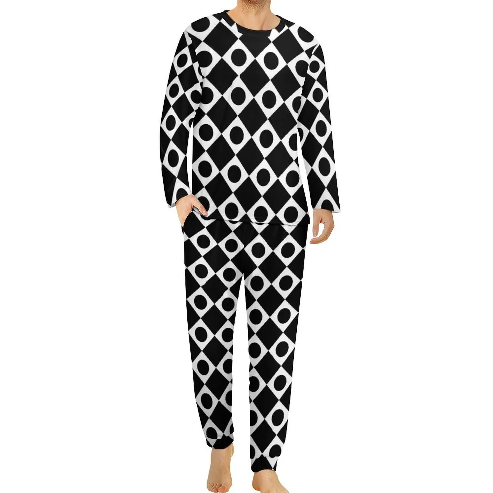 Retro Mod 60s Pajamas Daily 2 Pieces Black And White Retro Pajama Sets Mens Long Sleeves Home Printed Sleepwear Big Size