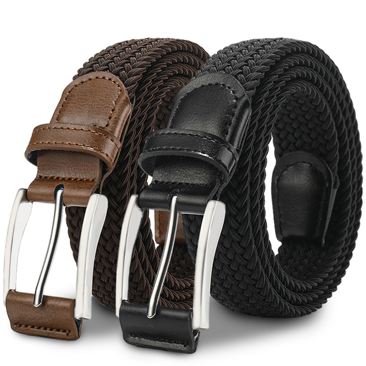 حزام خصر منسوج مرن من جلد البقر مع إبزيم إبرة للرجال والنساء حزام كاجوال بدون ثقب للسراويل الرجالية والنسائية