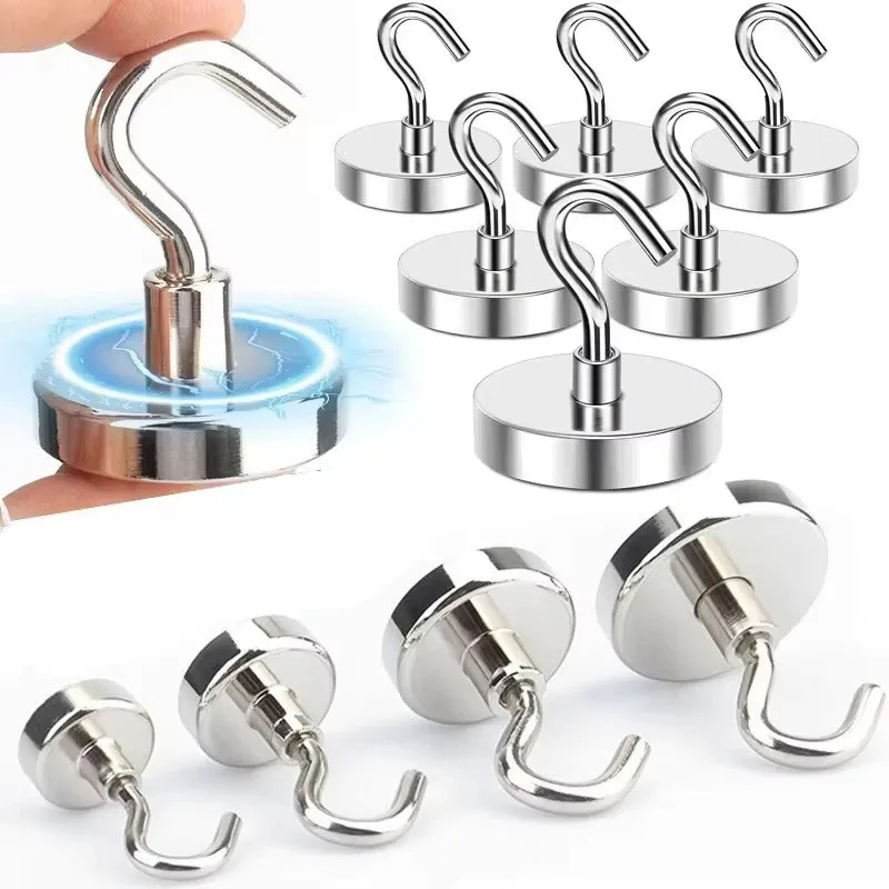 1/2/3/4/5/6Pcs Pcs Super Strong Powerful Magnetic Hooks Ring Metal Magnet With Curved Hook Hanger For Hanging,Fridge,Wall,Key