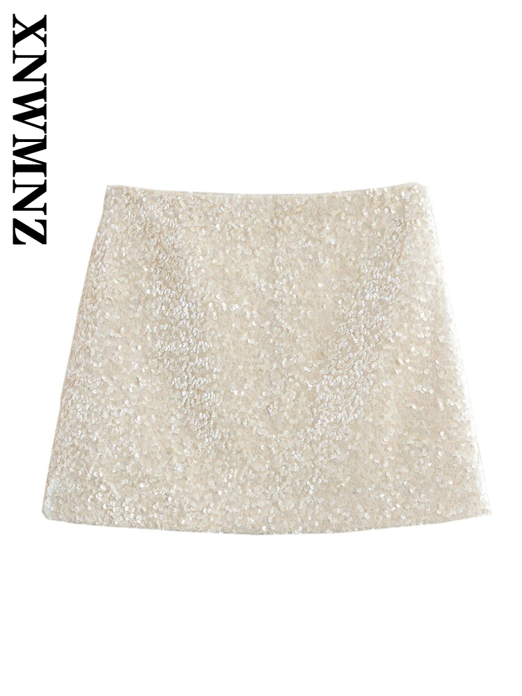 XNWMNZ 2024 Autumn New Lady Casual Bottoms High Waist Evening Party Woman's Side Zipper Mini Skirt Ruffles Regular Fit Sequins