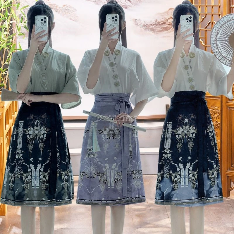 2024 new chinese ming style exquisite hanfu set crossed collars embroidery hanfu top gorgeous dainty printing horse face skirt