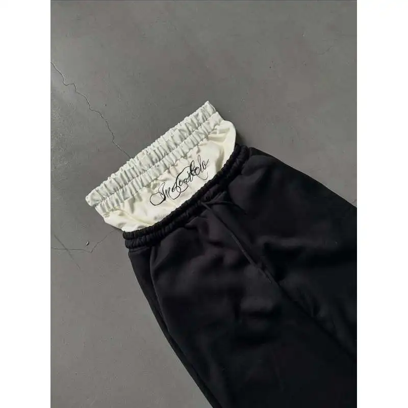 Joggers unissex cinza de grandes dimensões, calças de moletom com letra bordada, calças com cordão casual Y2K com cintura estampada, quadril H