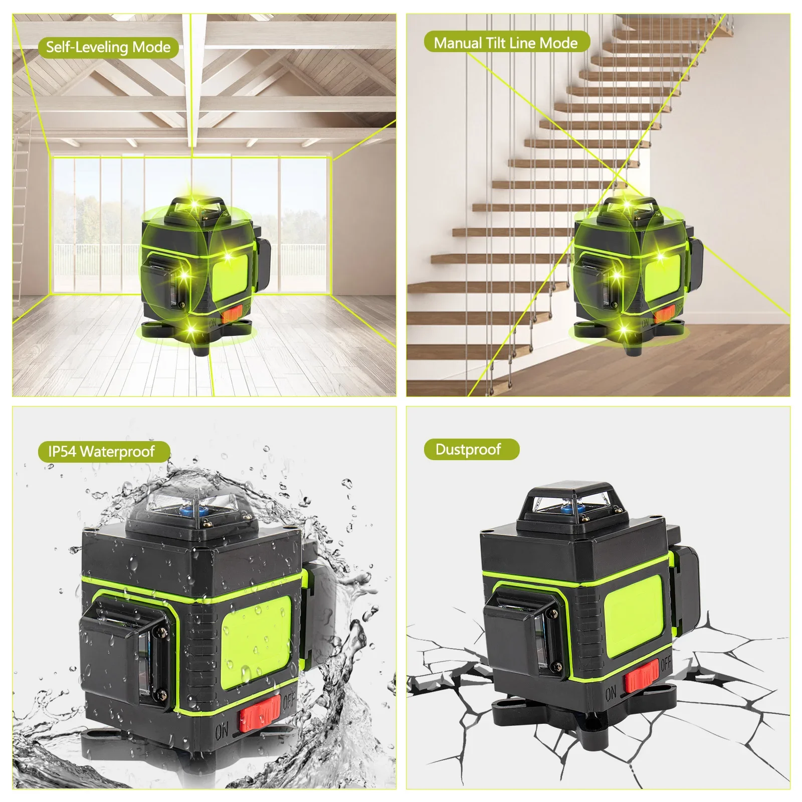 16 Lines 4D Laser Level Green Laser Line Self Leveling Horizontal Lines & 360 Degree Vertical Cross with Battery for Outdoors