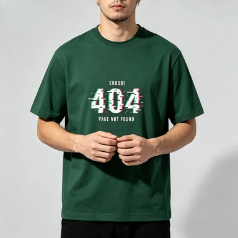 Retro Error 404 Page Not Found Printed Men Cotton T-shirt O Neck Short Sleeve Loose Fit Male Glitch Streetwear Tops