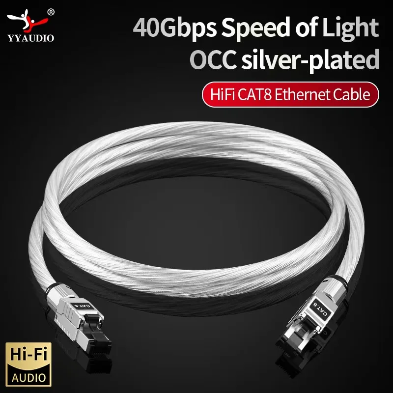 YYAUDIO HiFi OCC Silver-Plated CAT8 Ethernet Cable 40Gbps 2000MHz RJ45 LAN Network Cable Shielded Patch Cord For Router Modem