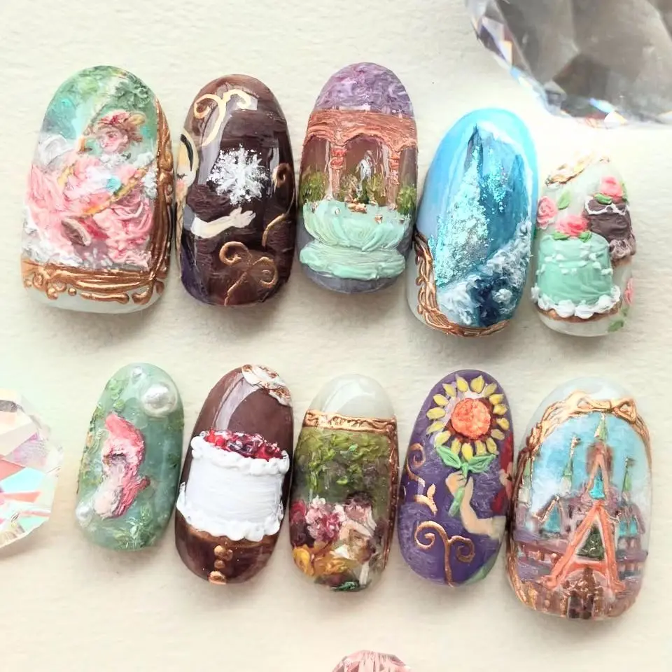 

24Pcs Garden Girl Press on Fake Nails Retro Oil Painting Design False Nails Art Mid-length Almond Wearable Full Cover Nails Tips