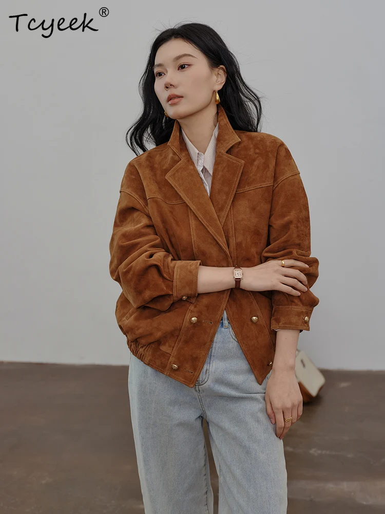 Tcyeek Schaffell Frühling Herbst High-End Trendy Anzug Kragen Wildleder Braun Damen Echtlederjacke Ж Ett Bydyddydd Mohamed