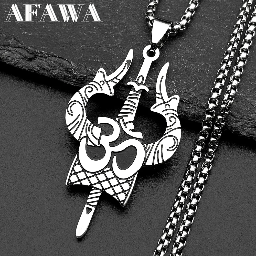 Stainless Steel Hinduism Yoga Shiva Trishula Om Symbol Pendant Necklace Women Men Silver Color Buddhism Hindu Chain Jewelry