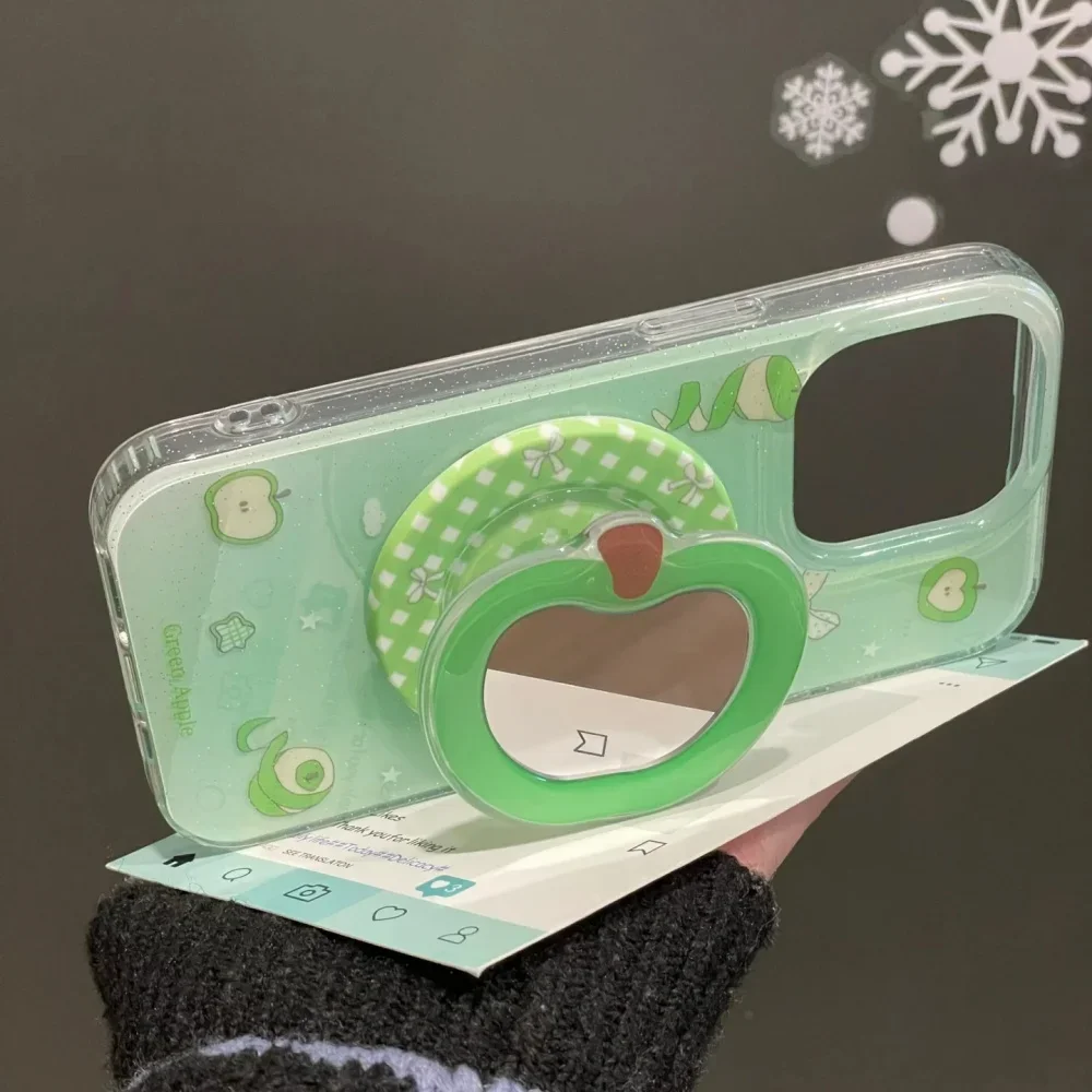 Cute Apple Mirror For Magsafe Magnetic Phone Griptok Grip Tok Stand For iPhone 16 Foldable Wireless Charging Case Holder Ring