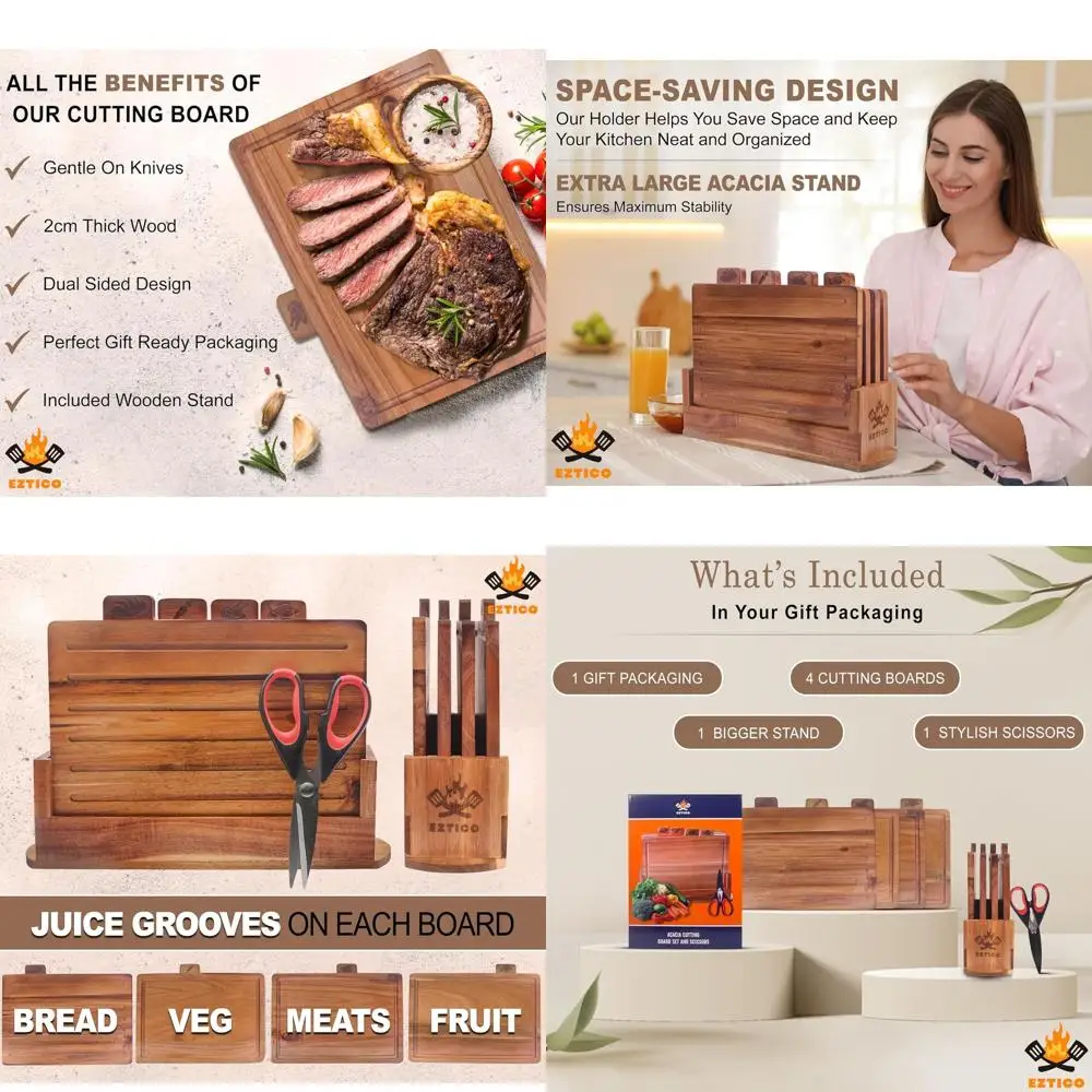 

Acacia Wood Chopping Board with Scissors and Holder Set