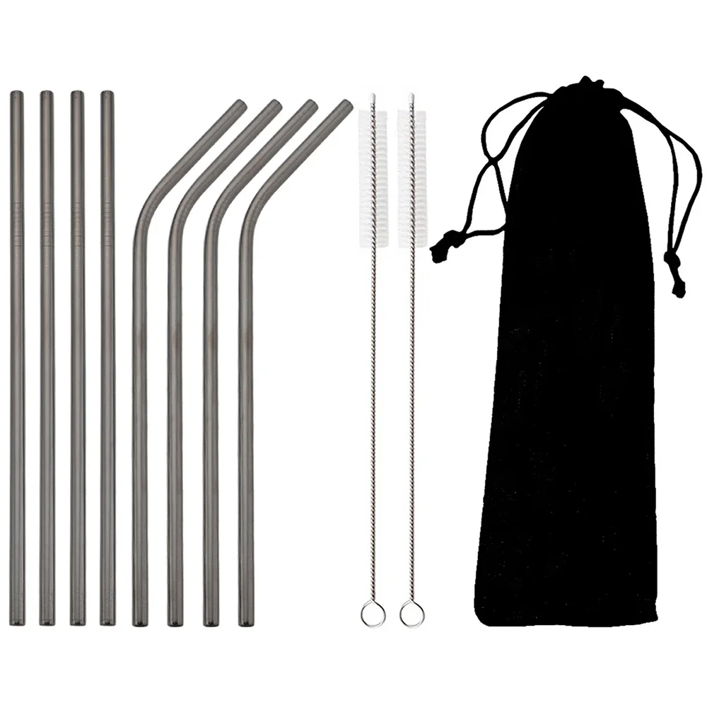 Reusable Black Straw Set Stainless Steel Straw Straight Bent Drinking Straw With Cleaning Brush Home Bar Accessory