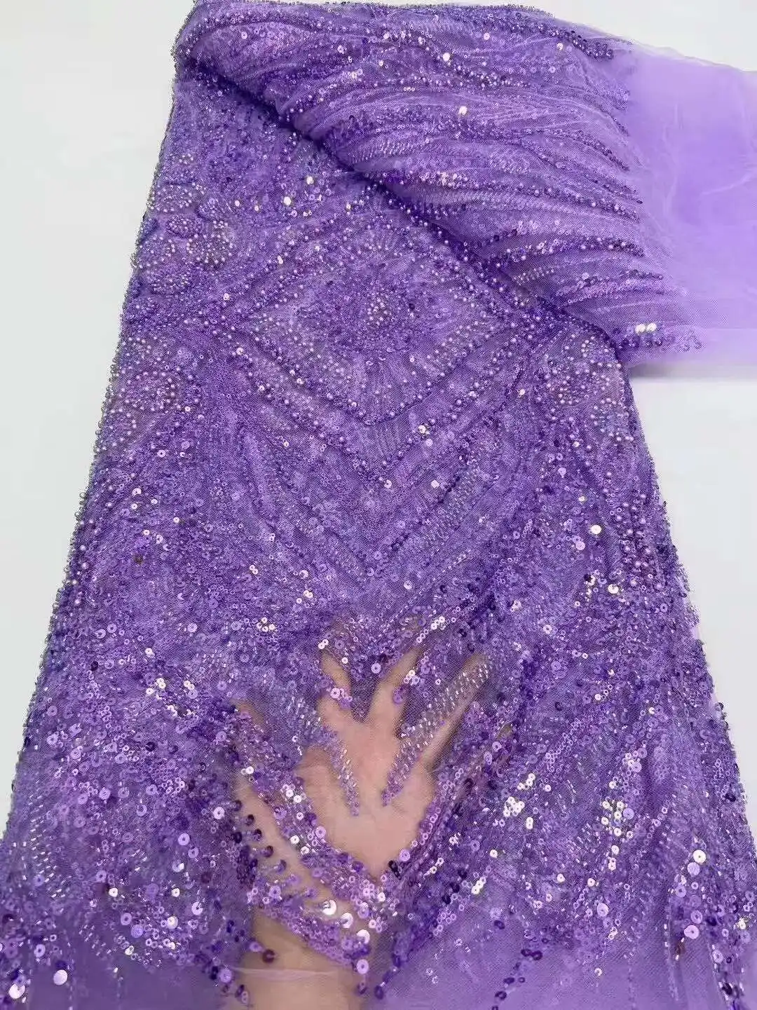 

Nigerian Heavy Handmade Beads Tulle Lace Fabric 2025 African Luxury Sequins Lace Fabric For Women Evening Cloth Dresses