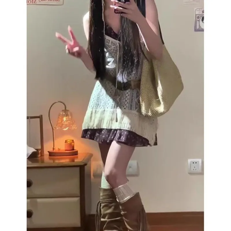 

Sexy Halter Off Shoulder Hollow Out Dresses+ Y2k Vintage Floral Camisole Dress for Women 2024 Summer New Two Piece Sets