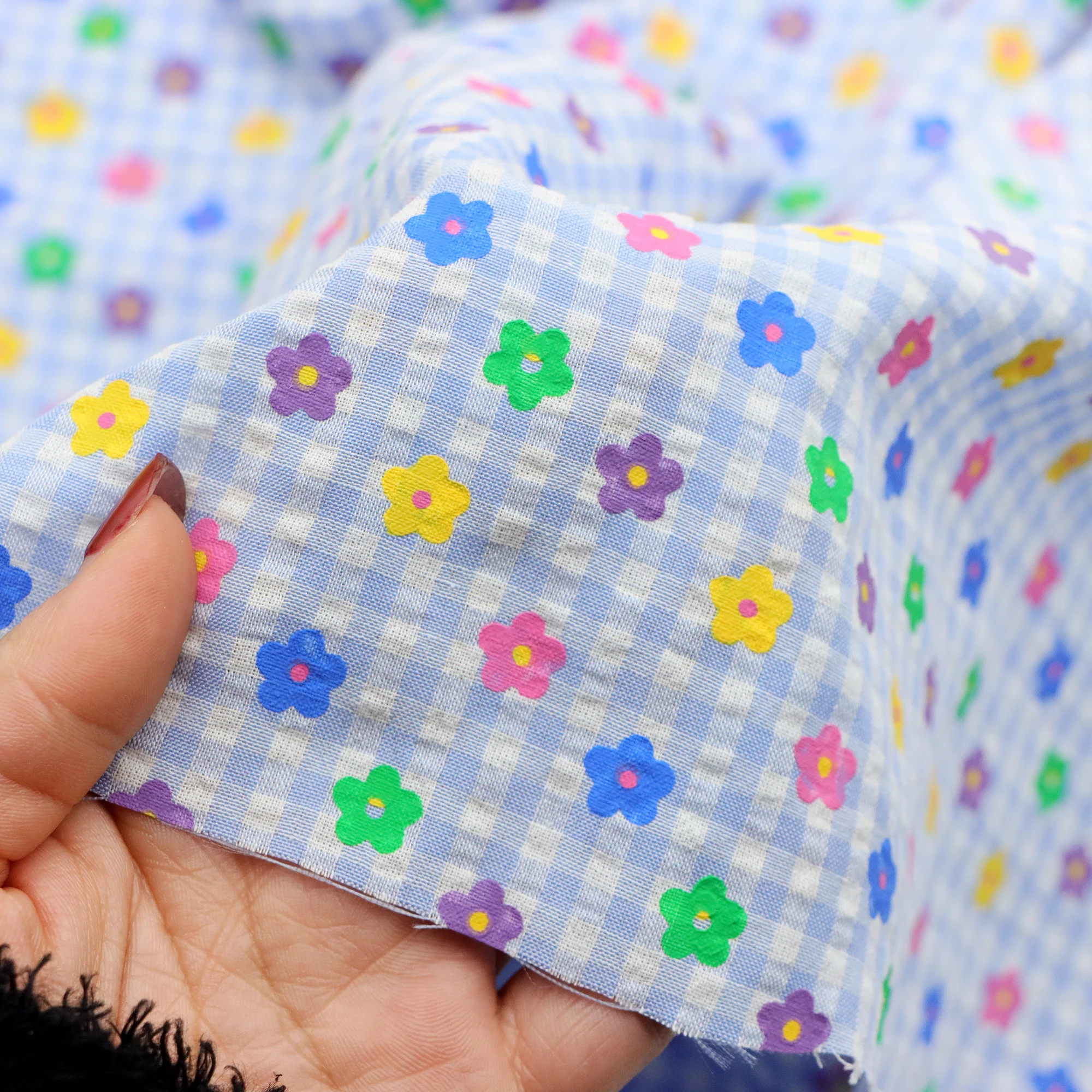 Pre-cut 1Pc Multi colour colorful Flower Blue Plaid  Pattern Series Print Fabric 19.68x57 Inches (50X145cm)