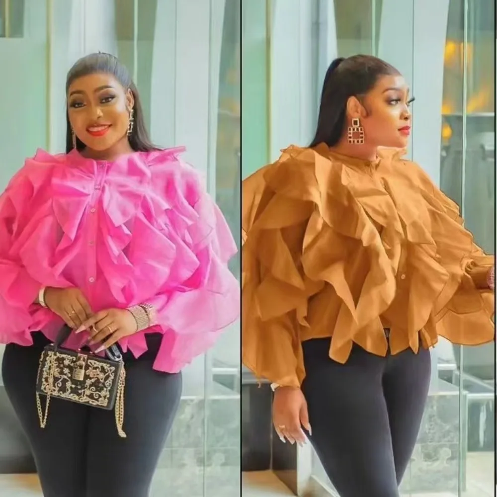 

Autumn New Fashion Long-Sleeve Loose Women's Shirt with Round Neck and Asymmetrical Ruffle, Single-Breasted