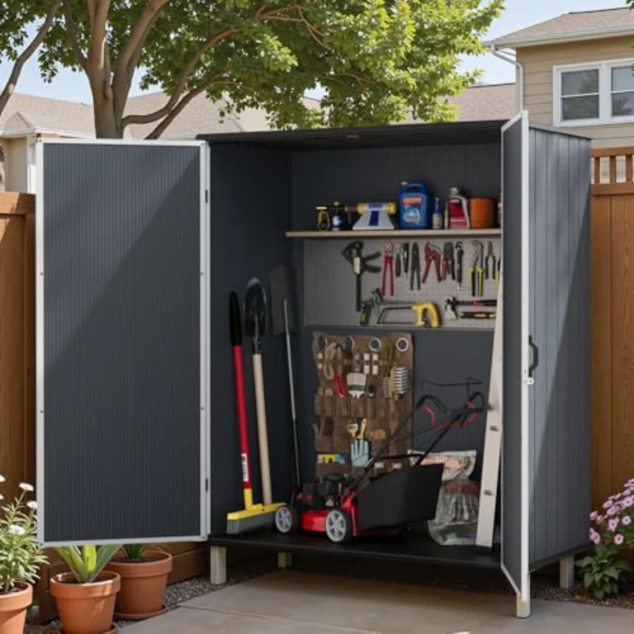 Outdoor storage shed for feet protection, plastic construction, gray color, weather-resistant and includes floor