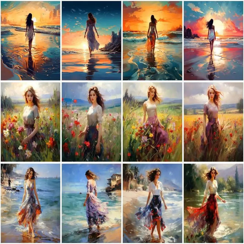 CHENISTORY Picture By Number Seaside Women Figure Kits DIY Frame Drawing On Canvas HandPainted Painting By Number Gift 60x75cm