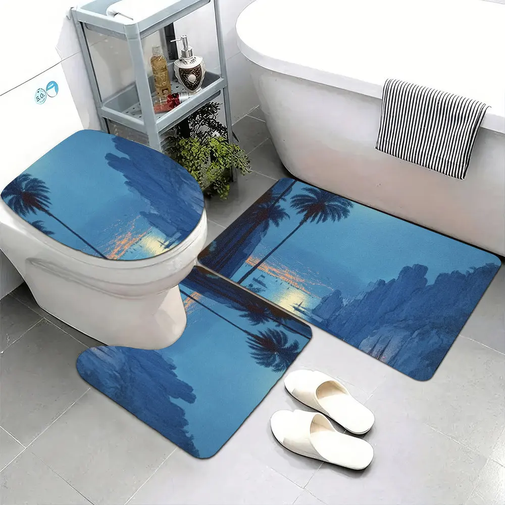 

Set of Three Bathroom Floor Mats Featuring a Serene Moonlit Ocean Scene with Palm Trees And Cliffs, Designed for with a Non-Slip