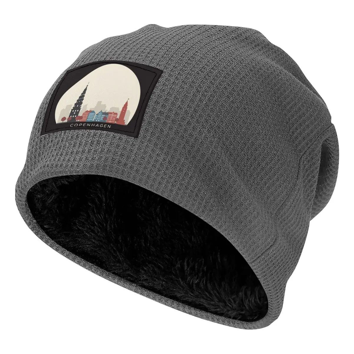 Copenhagen Travel Icon Waffle Knit Fleece Lined Beanie with PU Leather Patch Unisex Warm Winter Soft Cap