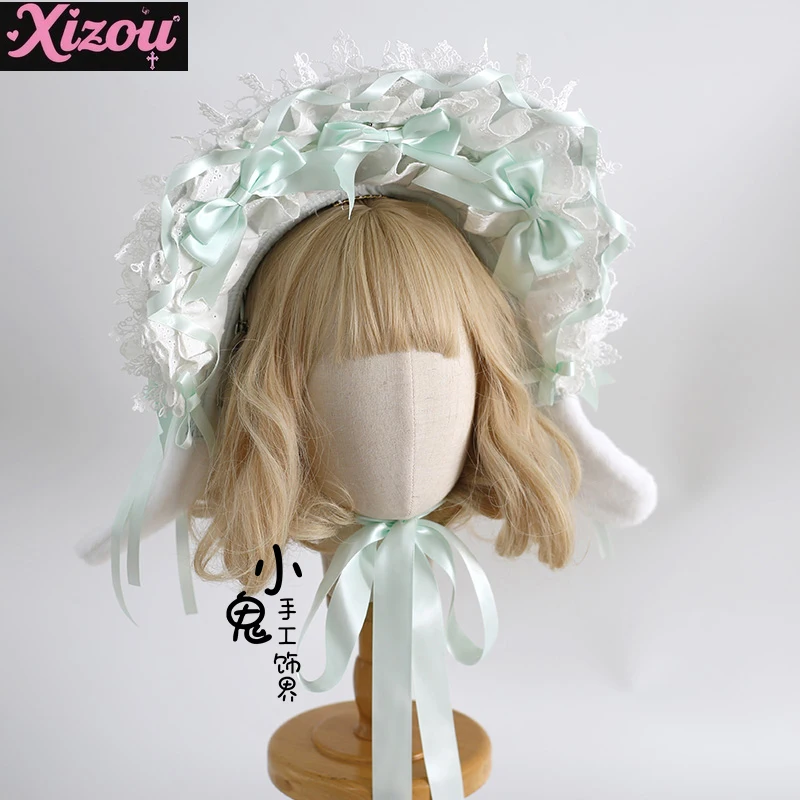 Kawaii Japanse Originele Konijnenoren Leuke Lolita Ponet Konijnenoren Pop Zintuigen Kant Boog Bunny Bnt Multi-color hoeden voor Vrouwen