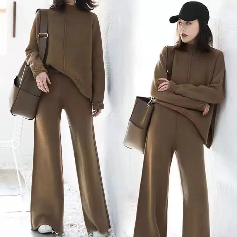 XXOWENLI Knitted Two Piece Set Winter Fashion Long-sleeved Casual Knitted Top+long Pants Sets Vintage Stylish Split Sweater Suit
