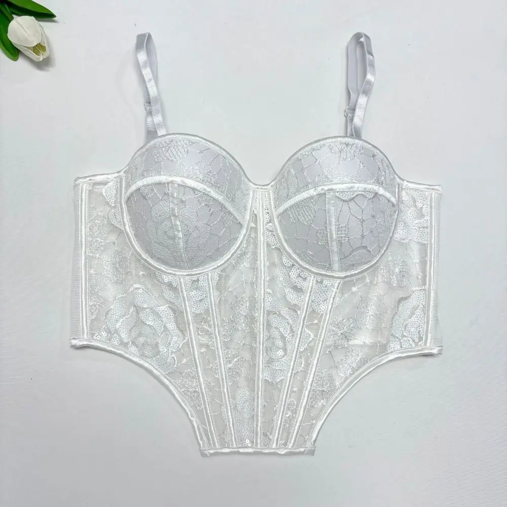 Elegant Hollow Lace Sequin Camisole Slim fit Transparent Lace Sequin Corset Sleeveless Tanks Suspender Vest Spring Summer