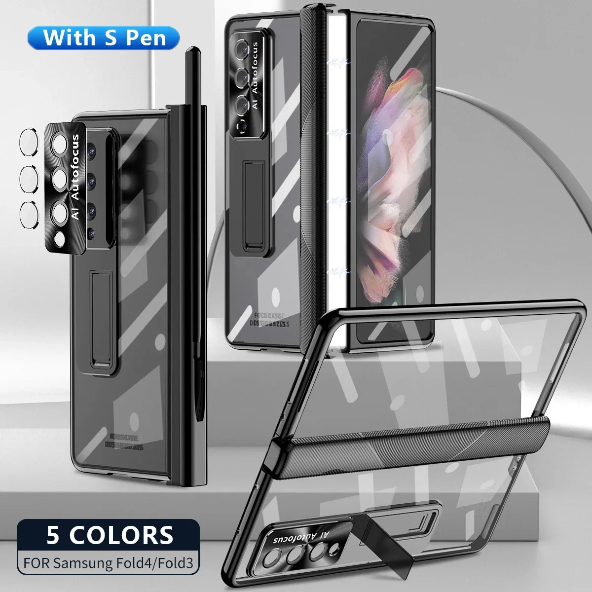 

With Pen Plating Clear Magnetic Case For Samsung Galaxy Z Fold 4 3 5G Full Screen Protector Transparent PC Kickstand Phone Cover