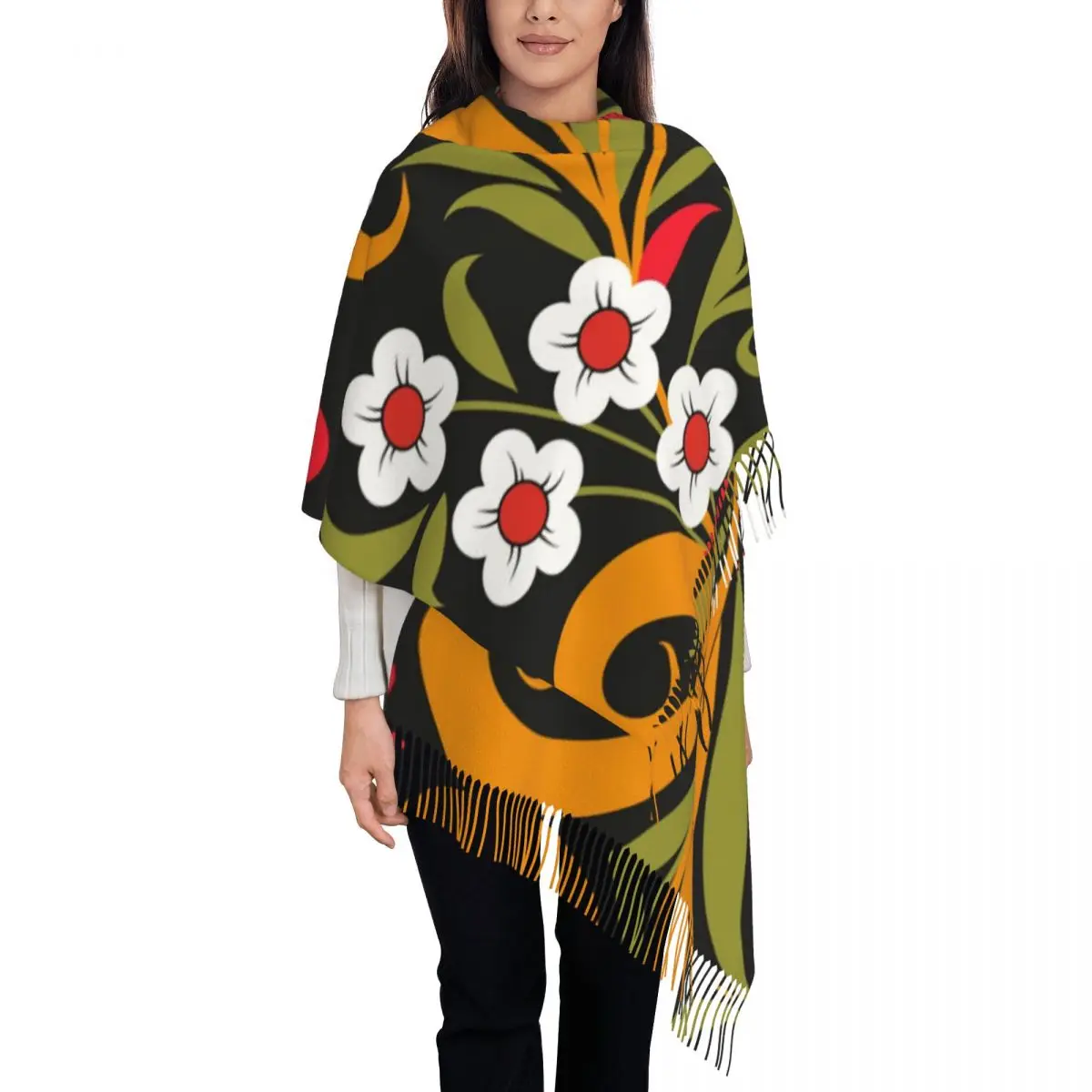 

Изготовленный на заказ шарф Хохлома в русском народном стиле для женщин, длинные зимние теплые шаль с кисточками, шарфы унисекс