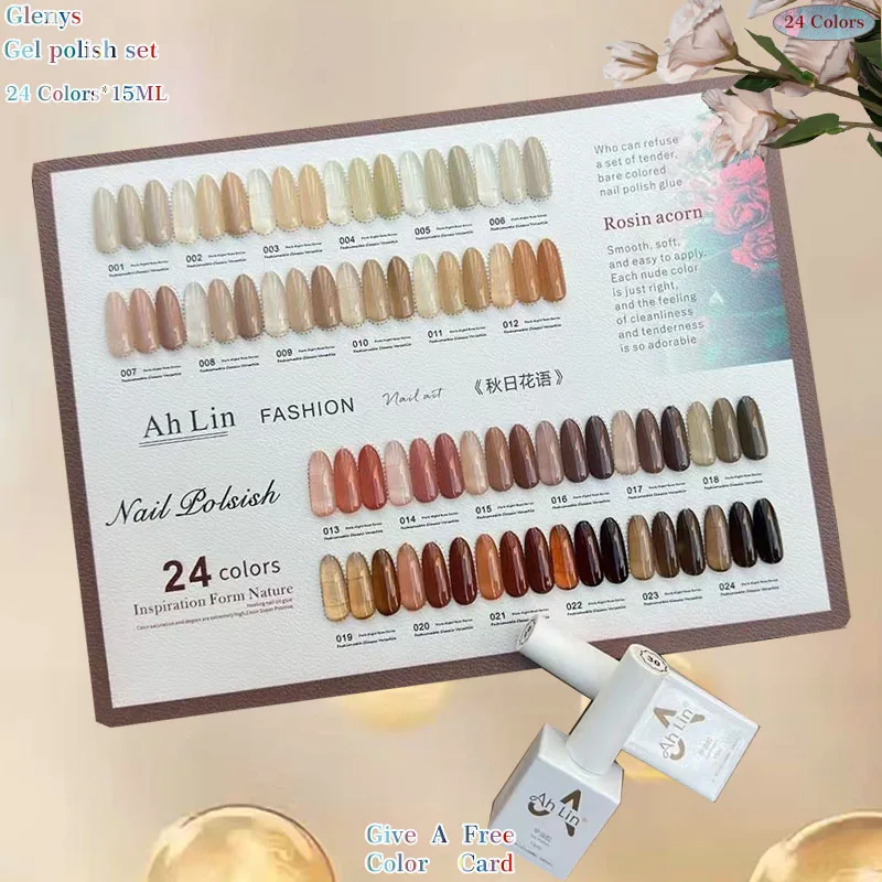

Glenys 24 color caramel transparent nail polish glue semi permanent immersion gel color matching card nail salon art varnish set