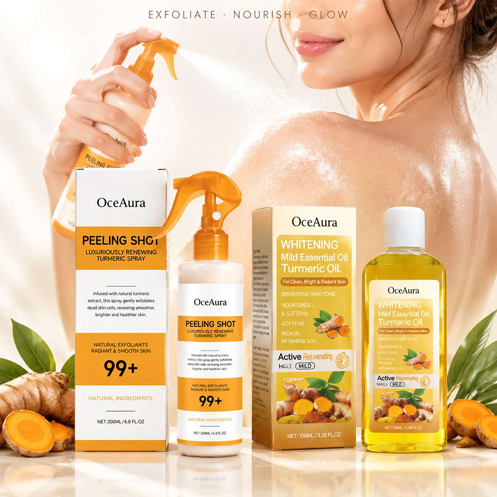 Turmeric Exfoliating Spray & Body Care Oil Brightens Uneven Skin Tone Improves Dullness Spray Nourishing Hydrating Skin Care