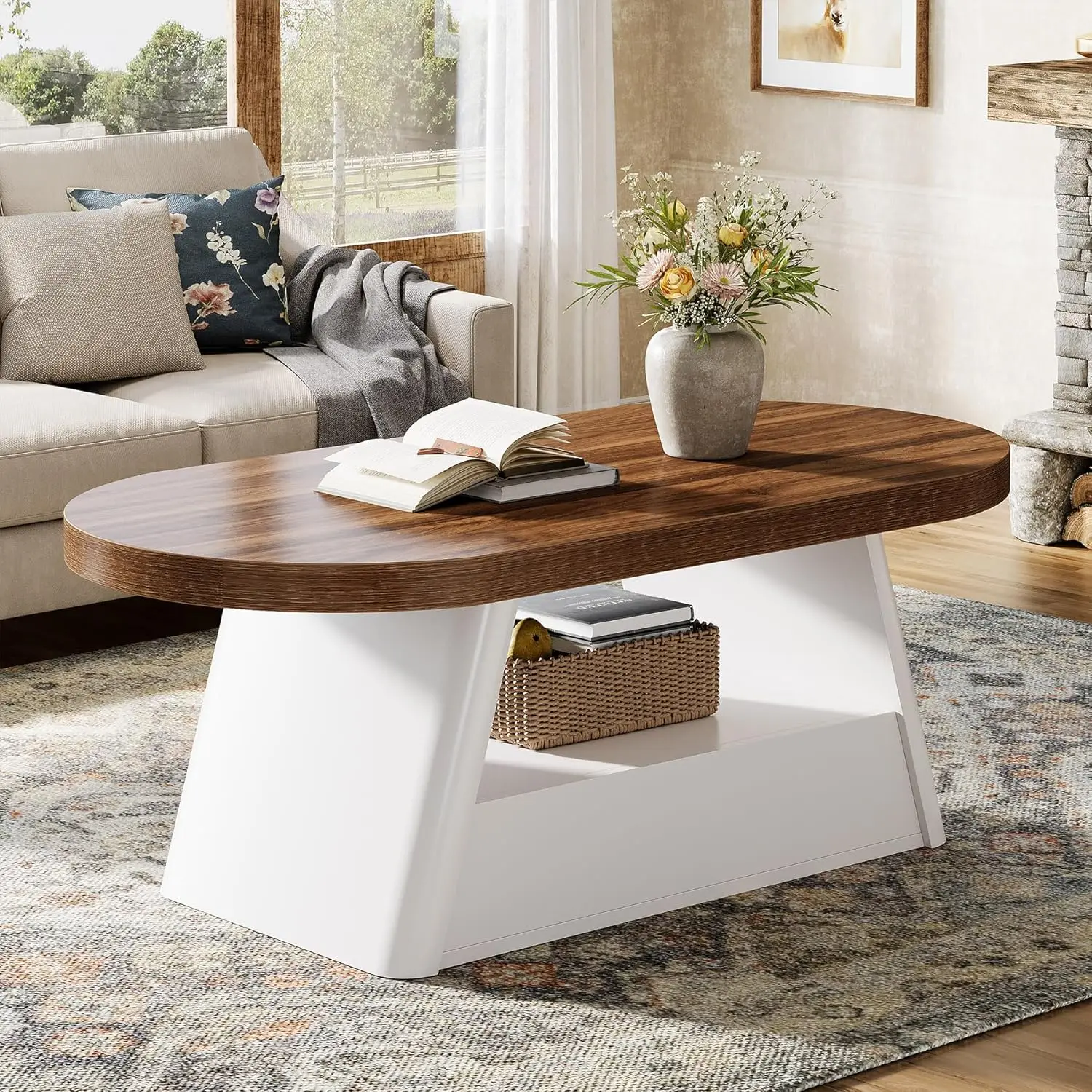 

47-Inch Walnut + White Modern Oval Coffee Table - 2-Tier Cocktail Tea Table with Thickened Tabletop & Heavy-Duty Base