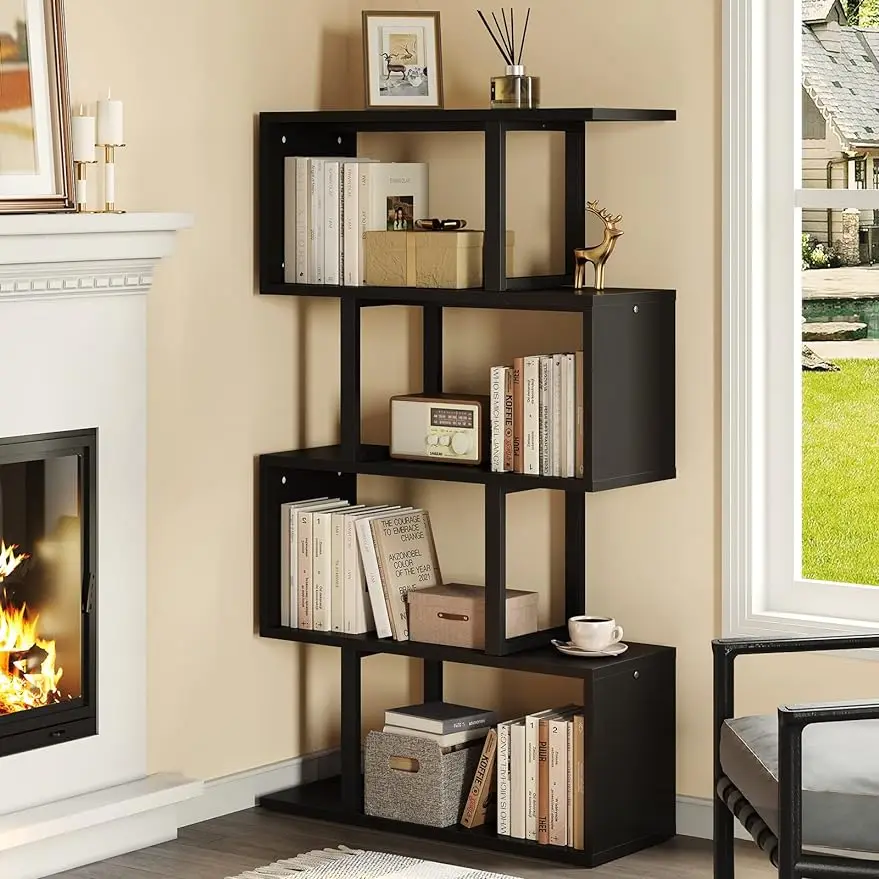 5-Tier Bookshelf, S-Shaped Z-Shelf Bookshelves and Bookcase, Modern Freestanding Multifunctional Decorative Storage Shelving