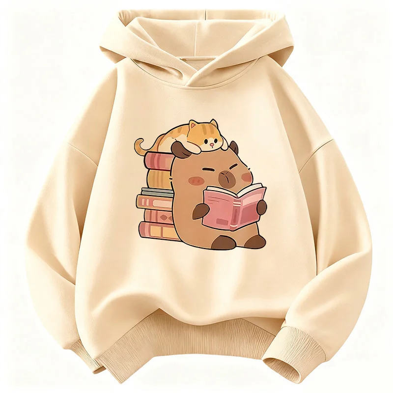 Niedlicher Katzen-Hoodie mit Capybara am Buch – Kinder-Sweatshirt für Jungen und Mädchen – Lässiger Kapuzenpullover für den Frühling