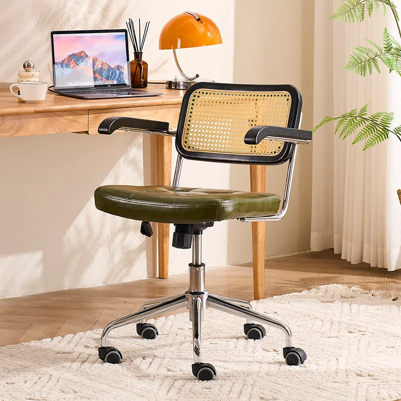 tq-Vintage Rattan Office Chair Swivel Ergonomic Computer Chair Adjustable Height Home Study
