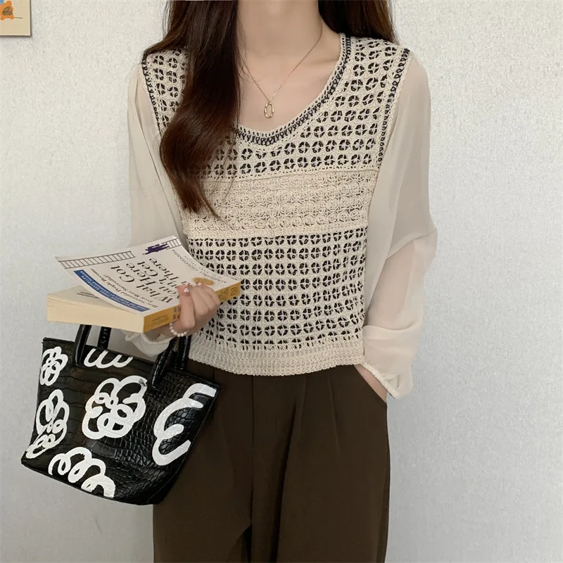 Boring Honey  Fashion Jacquard Knitted T-shirt Spring New Chiffon Stitching Long Sleeve Lace Shirt All- Match Slim T-Shirt Women
