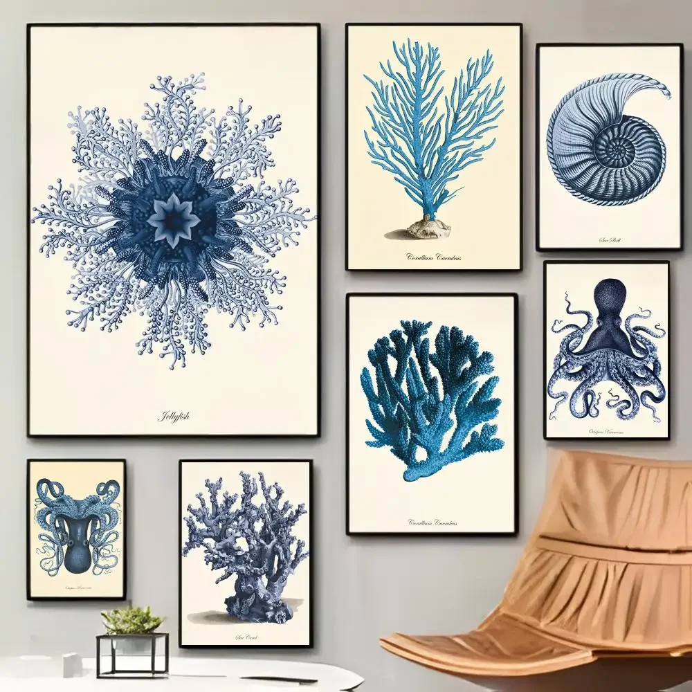 Frameless Canvas Painting 1pc Frameless Blue Sea Creature Coral Shrimp Poster Poster Sticky Coffee House Bar Room Wall Decor Gif
