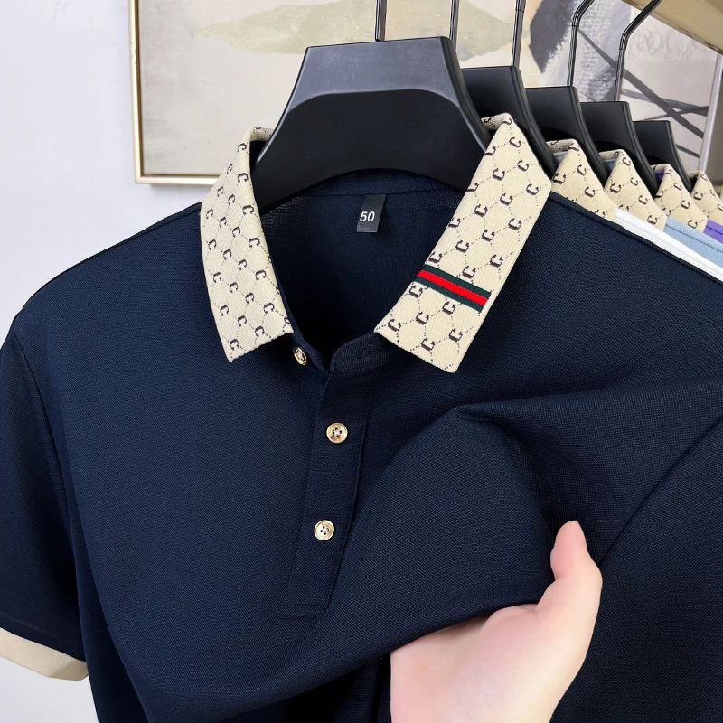 

2025 New High end Brand Men's Short sleeved Cotton Polo Shirt Summer Fashion Luxury Collar Exquisite Button Golf Casual T-shirt