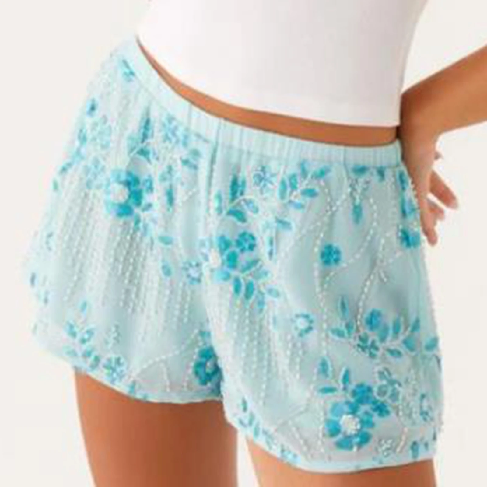 2025 Women Y2K Sequin Mini Shorts Beaded Flower Elastic Waist Casual Loose Fitting  Shorts Summer Streetwear