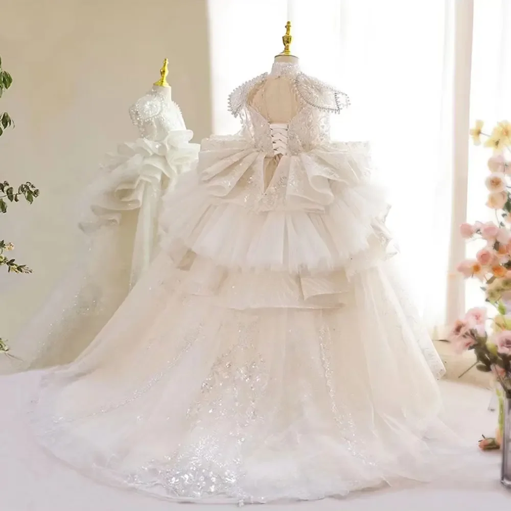 فستان فتاة بيضاء فاخر مطرز بالترتر دبي للأطفال الأميرة حفل زفاف وعيد ميلاد أول مناولة ثوب طويل 2025 J213