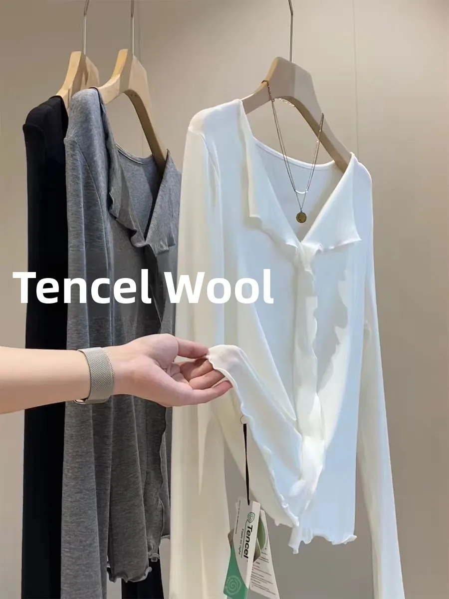 

Футболка с длинными рукавами BLUE Pure Desire Soft And Bouncy с кружевным дизайном, в корейском стиле, облегающая, базовый слой, топ.