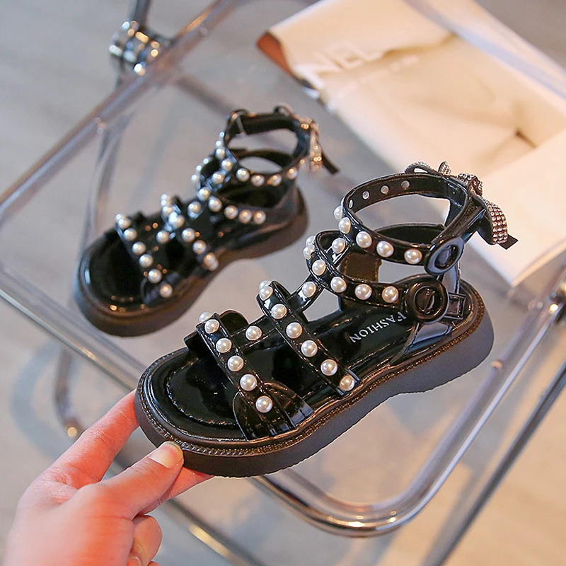 Toddler Girls Studded Beaded Sandals Little Girls Ankle Strappy Princess Summer Sandals Bowtie Back Children Soft Roman Sandals