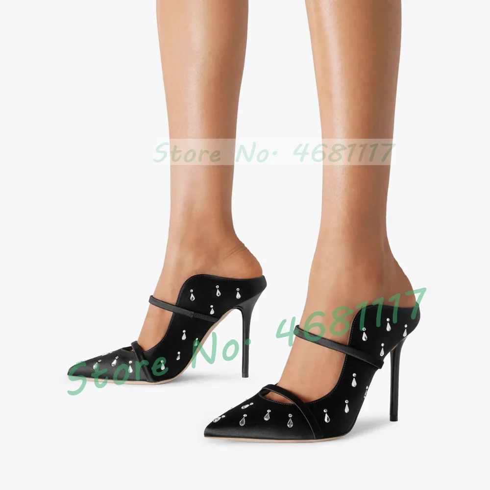 Black Satin Pointed Toe Mules Women Elegant Clear Crystals Decor High Heels Shoes Ladies Double Strap Sparkly Stiletto Slippers