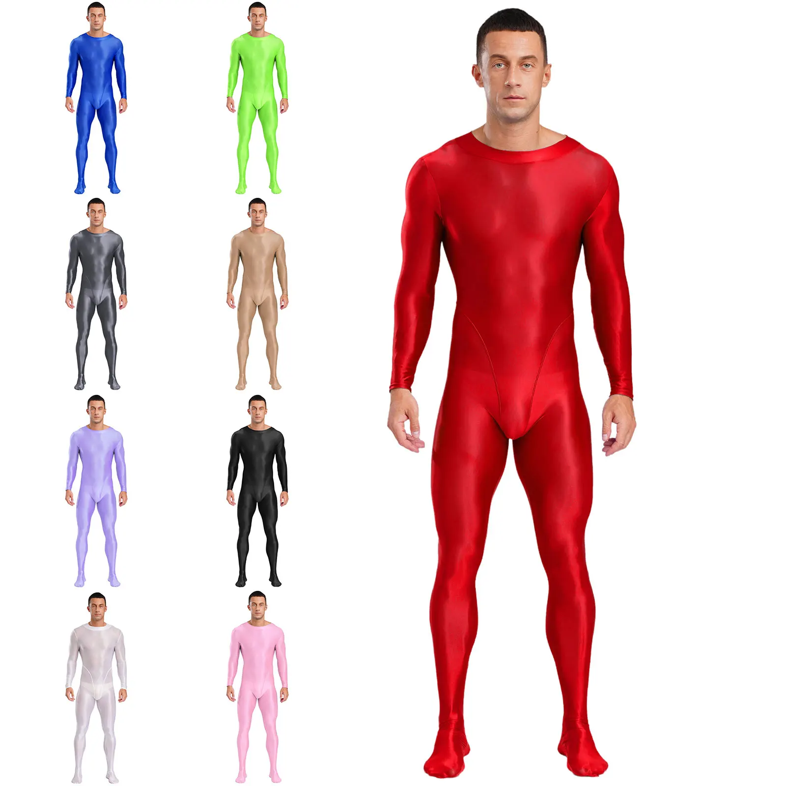 

Men Glossy Slim Fit Full Body Yoga Fitness Bodysuit Long Sleeve Footed One Piece Jumpsuit Skinny Smooth Bodybuilding Outfits