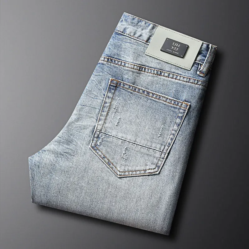 Fashionable New Light Blue Men's Jeans Latest Designer Elastic Slim Fit Jeans Split Vintage Perforated Pants