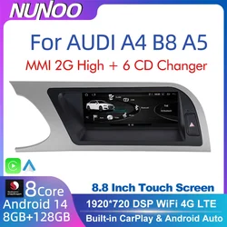 Android 14 8+128GB CarPlay For Audi A4 B8 A5 2008 2009 2010 MMI 2G High CD Changer Car Multimedia Player Stereo GPS Navi Screen