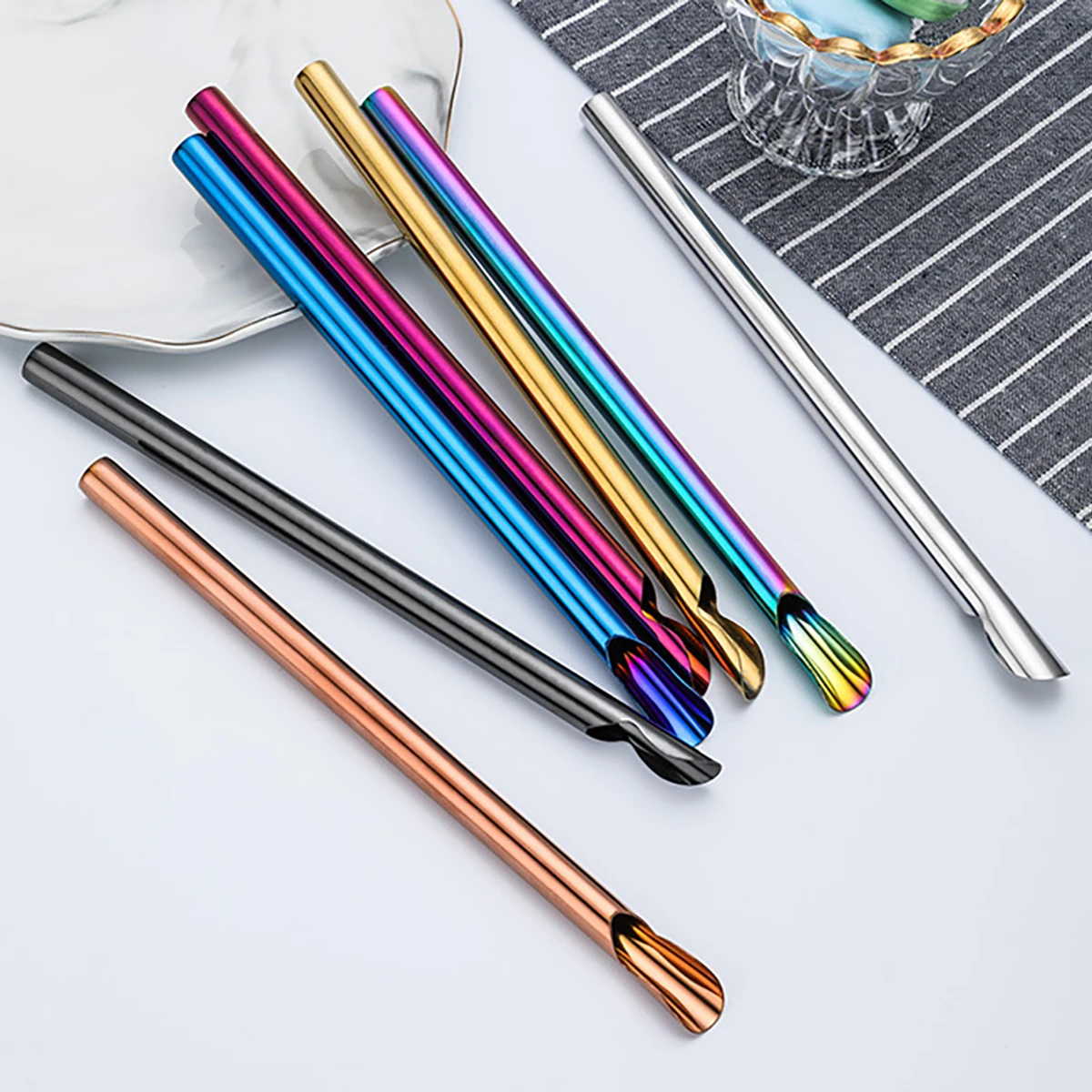 7pcs Reusable 304 Stainless Steel Straw Set Pearl Milkshake Bubble Tea Straw with Brush Bag Stirring Smoothie Spoon Shaped Straw